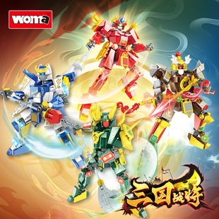 沃马积木三国战将关羽张飞赵云国潮机甲战士模型益智拼装男孩玩具