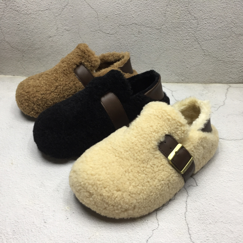 圆头舒适搭扣平底保暖毛毛单鞋