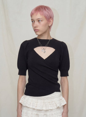 knits market 31B 复古泡泡中袖针织衫针织中袖衫黑色 22S