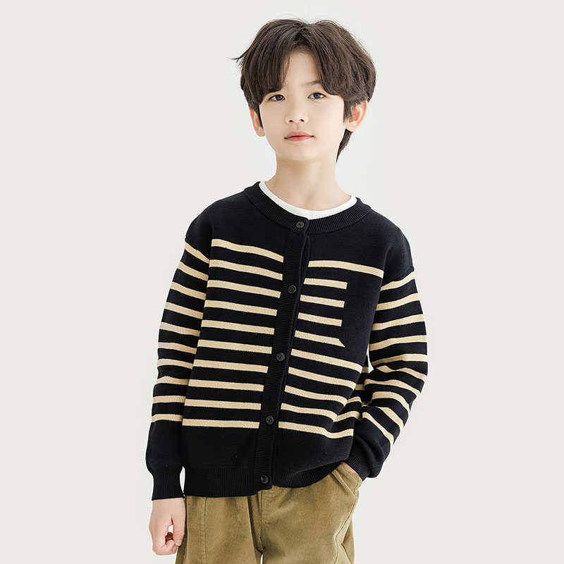 【全棉 不起球】 纯一良品男女童针织开衫春秋 圆领条纹毛衣外套