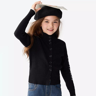 纯一良品2025秋装女童半开襟针织衫黑 修身短款  小高领毛衣外套
