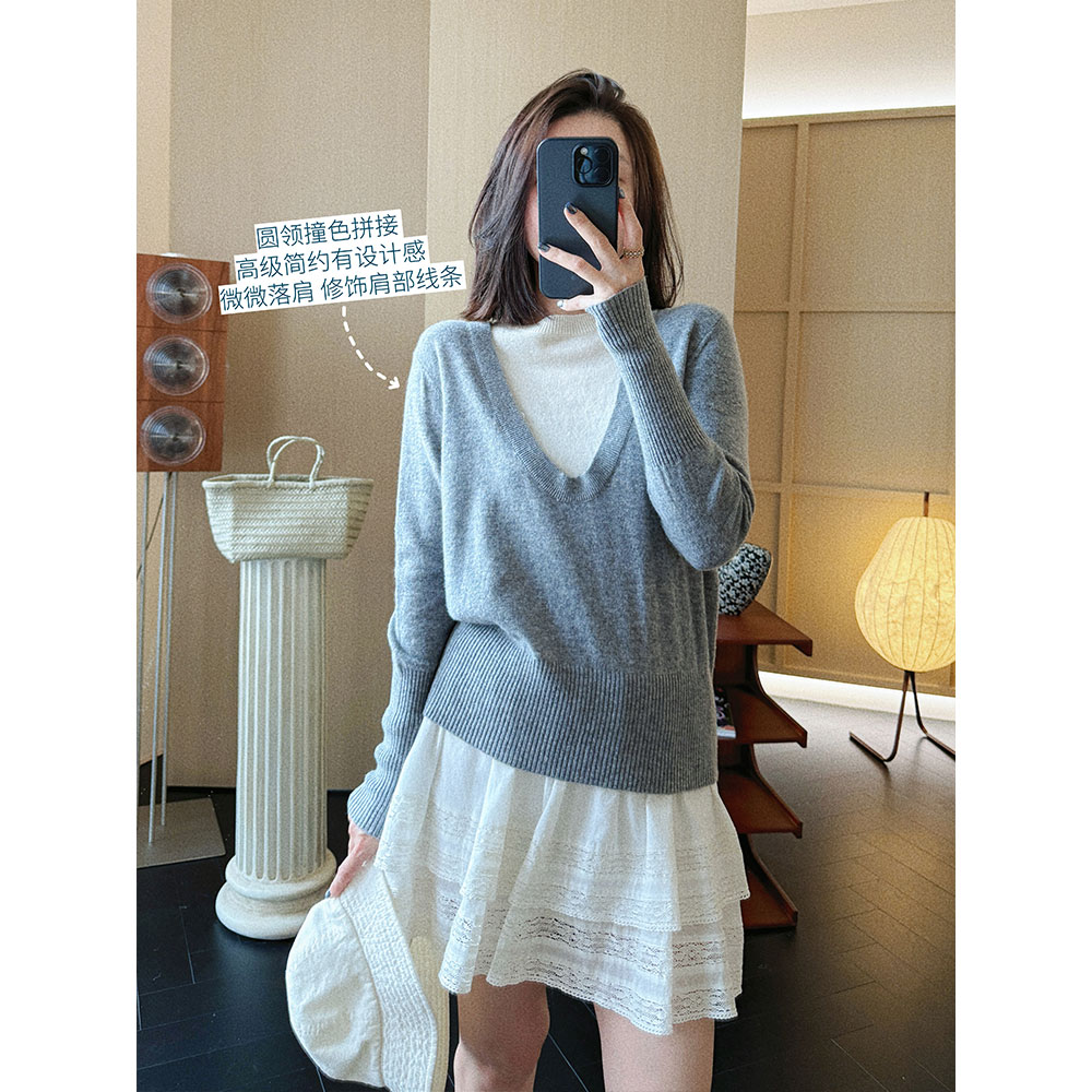 【唐悠悠mgdm】超细针绵羊毛圆领拼接撞色假两件针织毛衣SN24009