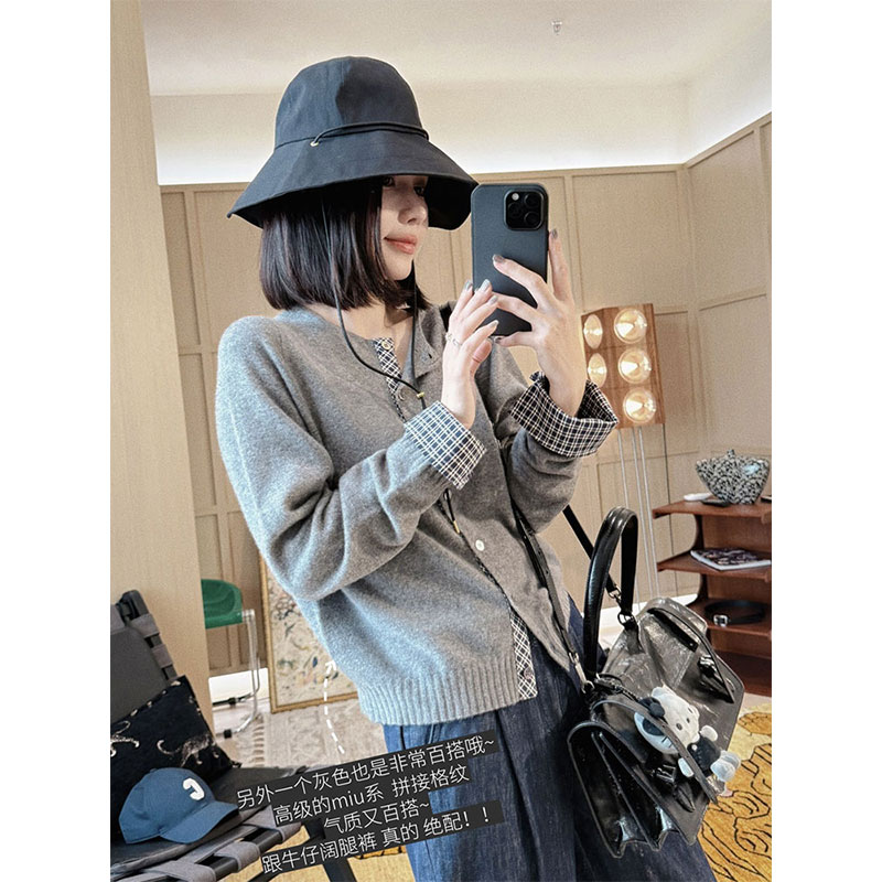 【MGDM】100美丽诺羊毛格纹拼接款开衫 女2025春BS82510