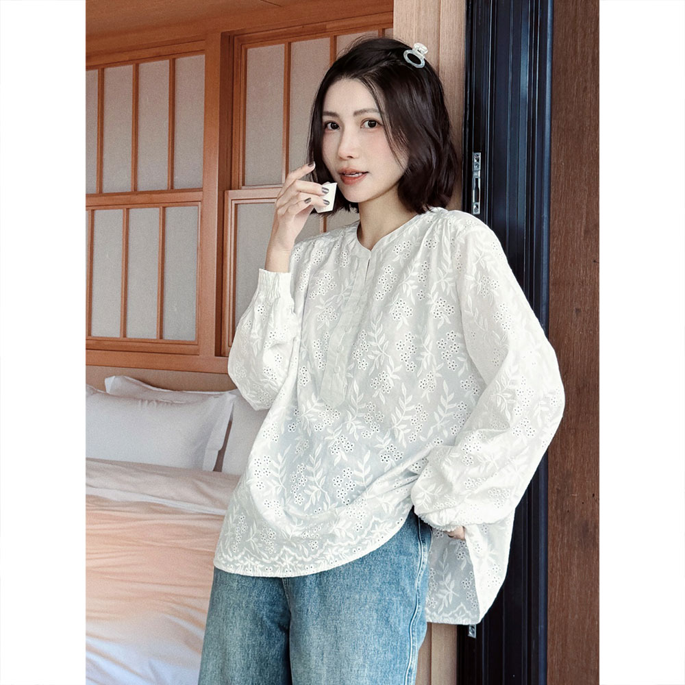 【MGDM】水洗棉重工镂空刺绣长袖上衣女2025秋DDJ25009