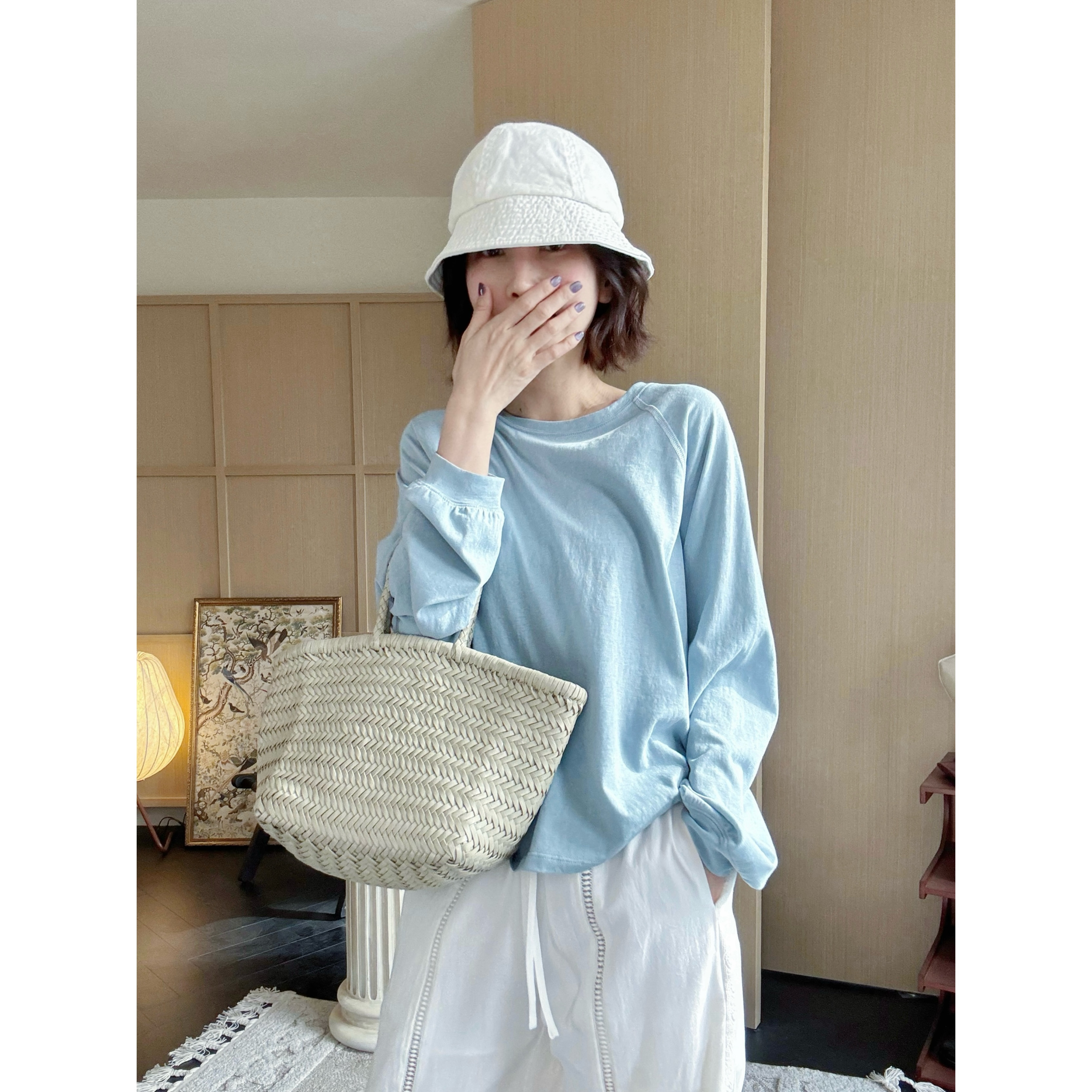 薄款插肩袖纯色圆领长袖棉t恤女