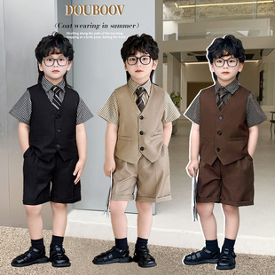 儿童夏季马甲套装2025新款男童韩版帅气宝宝短裤绅士生日花童礼服