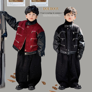 男童亮片多拉链皮夹克2025冬季新款儿童加绒夹克宽松外套设计感潮