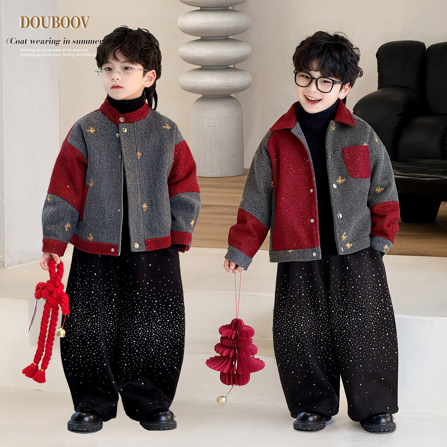儿童冬季毛呢夹克2025新款男童拼色蝴蝶刺绣外套宝宝加绒帅气夹克,童装/婴儿装/亲子装,夹克/皮衣,淘宝优惠券,粉丝福利购,淘宝优惠卷