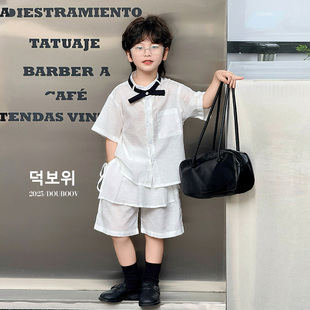 男童夏季衬衫2025新款儿童学院风立领衬衣宝宝短袖亚麻衬衫套装