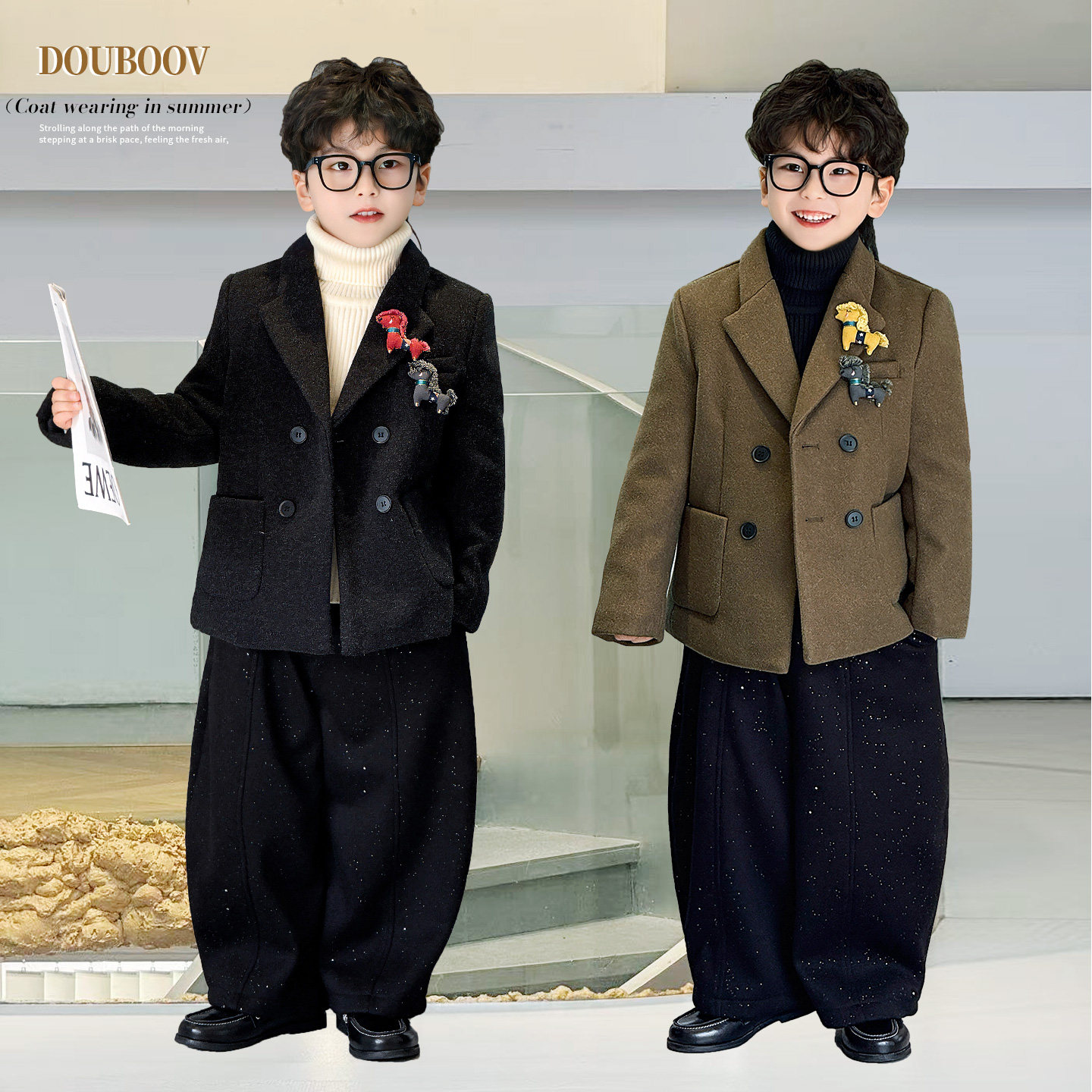 男童冬季毛呢西服外套2025新款儿童夹棉厚实韩版西装花童礼服套装