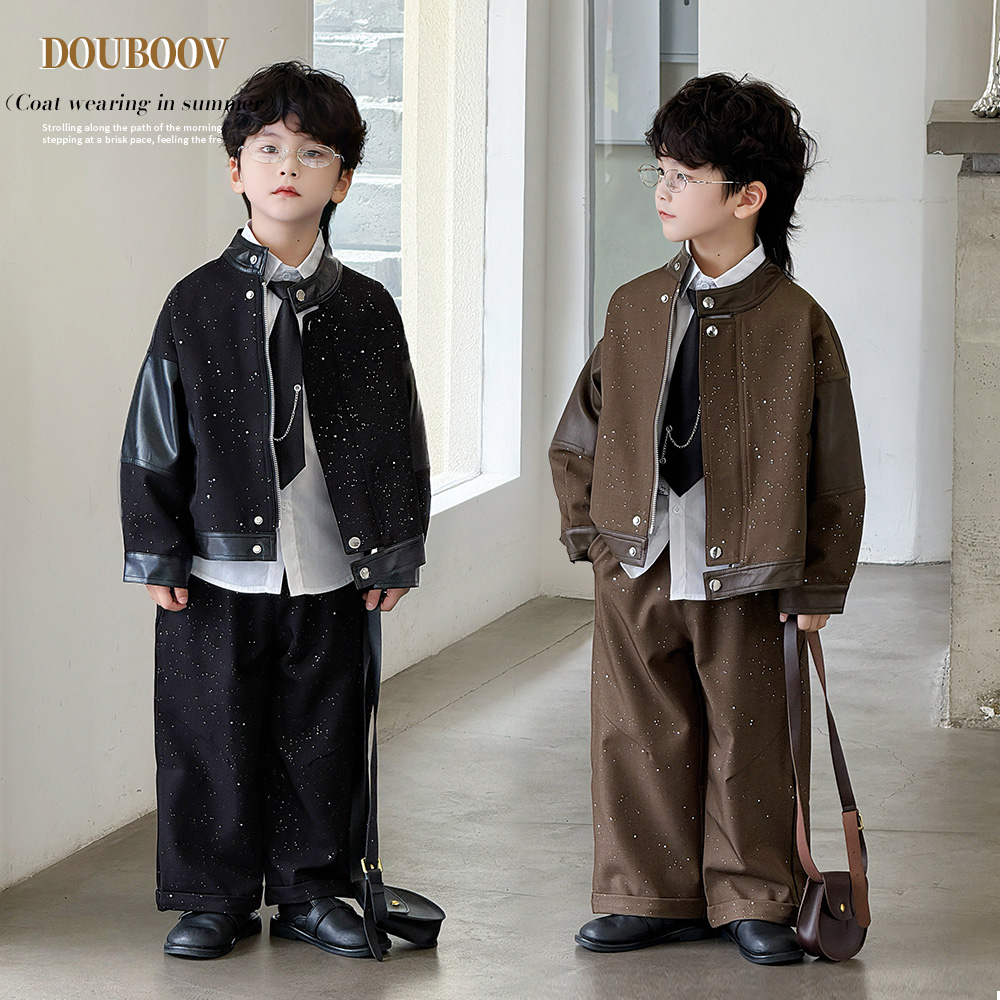 男童皮衣套装2025秋季新款儿童韩版亮闪皮夹克宝宝帅气机车服外套