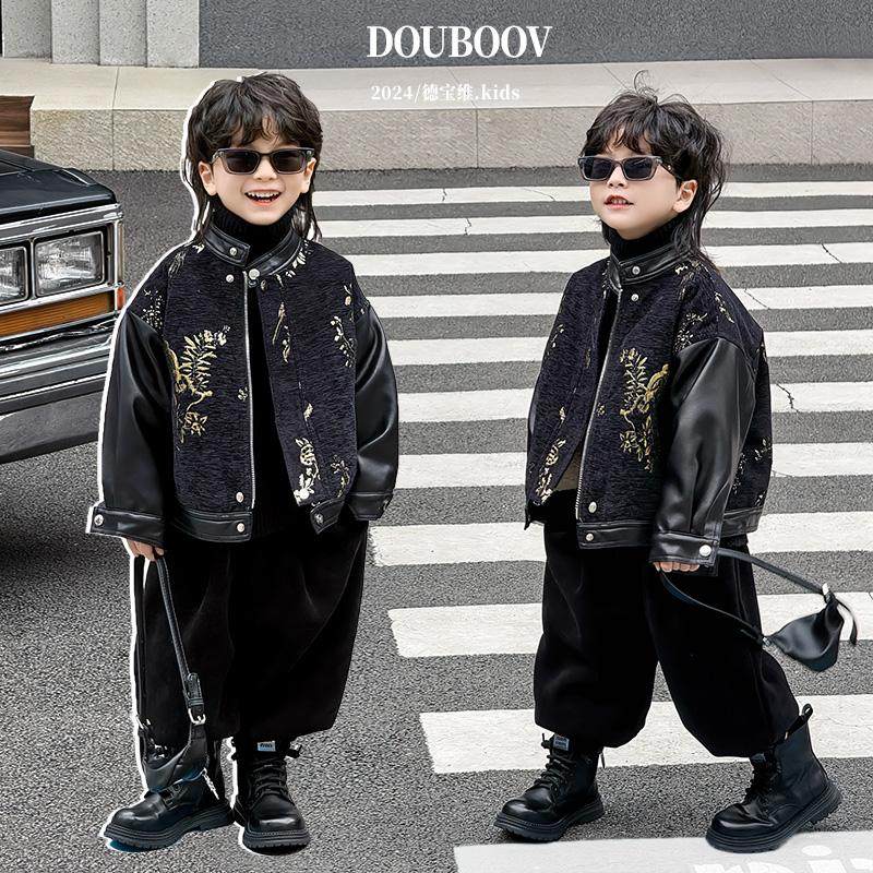 男童秋冬皮衣外套2024新款儿童中式植绒夹克男宝加绒拼接皮衣潮,童装/婴儿装/亲子装,夹克/皮衣,淘宝优惠券,粉丝福利购,淘宝优惠卷