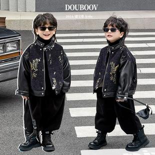 男童秋冬皮衣外套2024新款 植绒夹克男宝加绒拼接皮衣潮 儿童中式