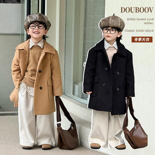 儿童秋冬呢大衣2024新款男童中长款夹棉毛呢外套英伦风加厚大衣潮