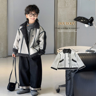 男童皮毛一体夹克外套2025冬新款儿童加绒加厚翻领宝宝麂皮绒上衣