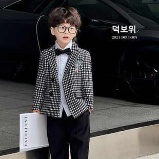 儿童西服外套2024秋季新款男童英伦风千鸟格西装男生礼服外套上衣