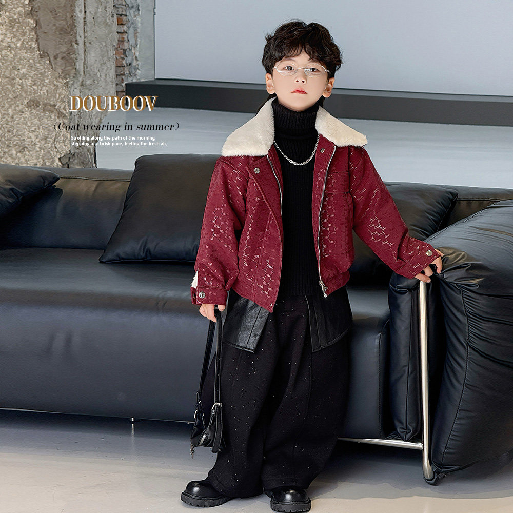 男童毛领皮衣外套2025冬装新款儿童洋气痞帅加绒保暖机车皮夹克潮