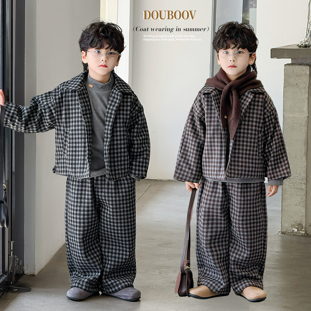男童格子西服外套2025冬季新款儿童加棉加厚西装宝宝英伦礼服套装