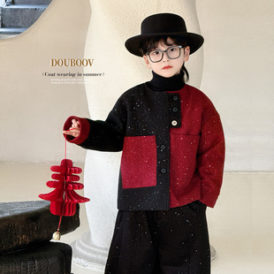 男童小香风亮片外套2025秋冬加厚儿童韩系细闪撞色新年毛呢外套潮