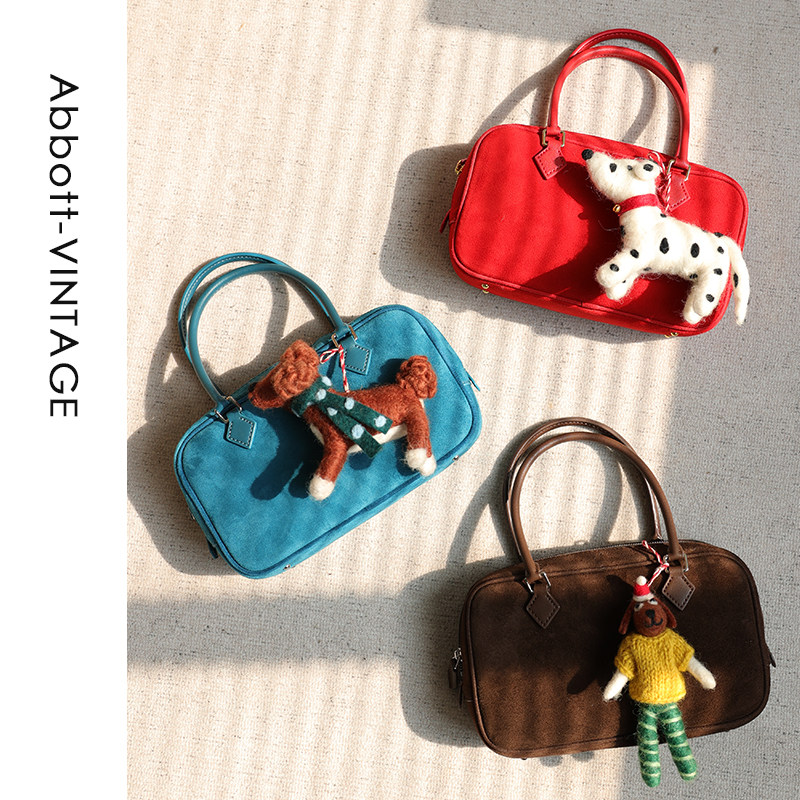 AbbottVINTAGE【小方砖】简约磨砂牛皮拼接小方包复古手提斜挎包