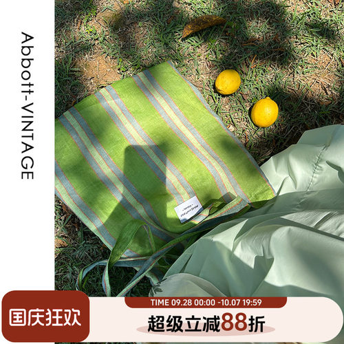 Abbott Vintage【绿野仙踪】多巴胺绿色条纹清新苎麻布单肩包女