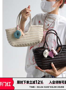 AbbottVINTAGE【小板栗包】复古植鞣牛皮编织手提斜挎度假包菜篮