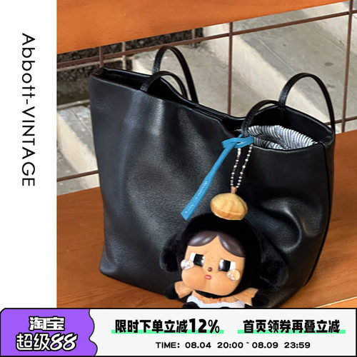 AbbottVINTAGE【黑色小方胖】头层羊皮复古小众简约单肩手提包女