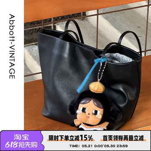 AbbottVINTAGE【黑色小方胖】头层羊皮复古小众简约单肩手提包女