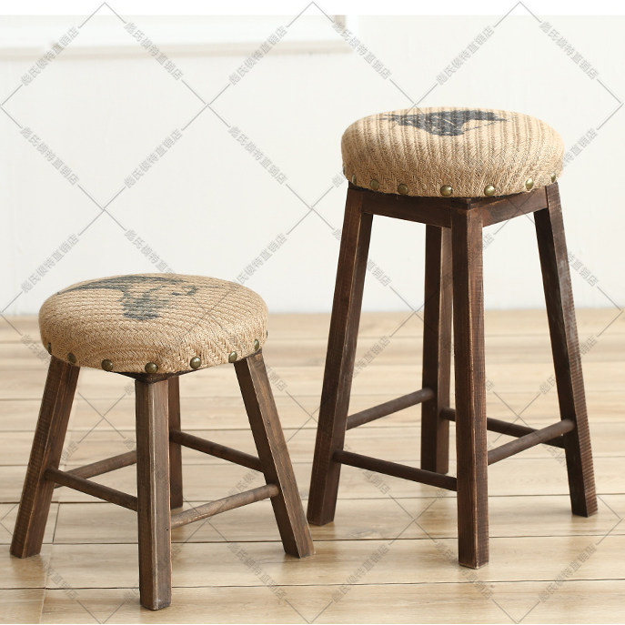 复古实木吧椅凳子新古典圆凳吧台椅美式做旧前台椅布艺酒吧高脚凳