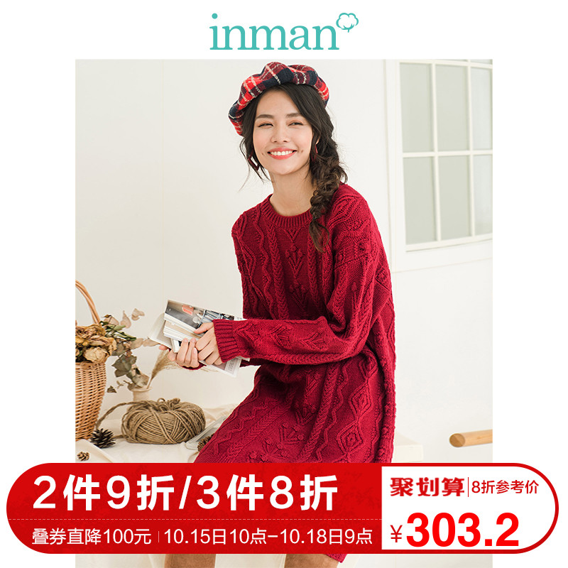 ÒðÂü2018¶¬×°Ð¿îÔ²Áì°µÔæºìÉ«ÓÅÑÅÌỨÎÄÒÕ·¶ÕëÖ¯Á¬ÒÂȹ³¤ÐäÖÐȹ