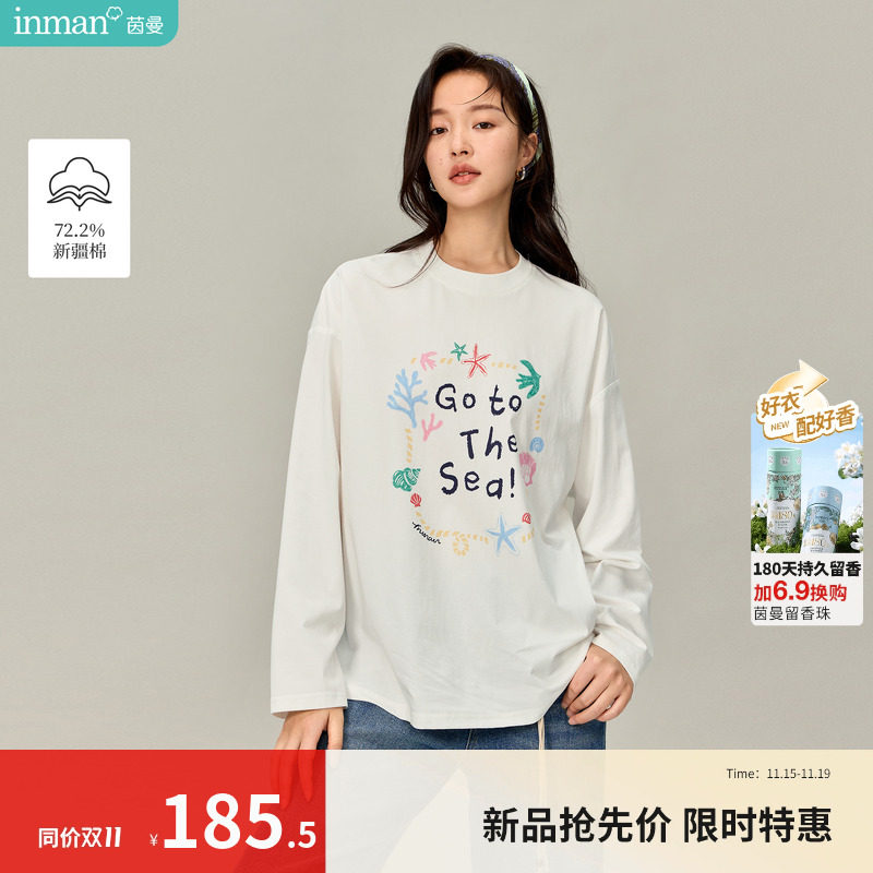 茵曼白色卡通字母印花T恤2026春季女装新款百搭宽松插肩袖上衣