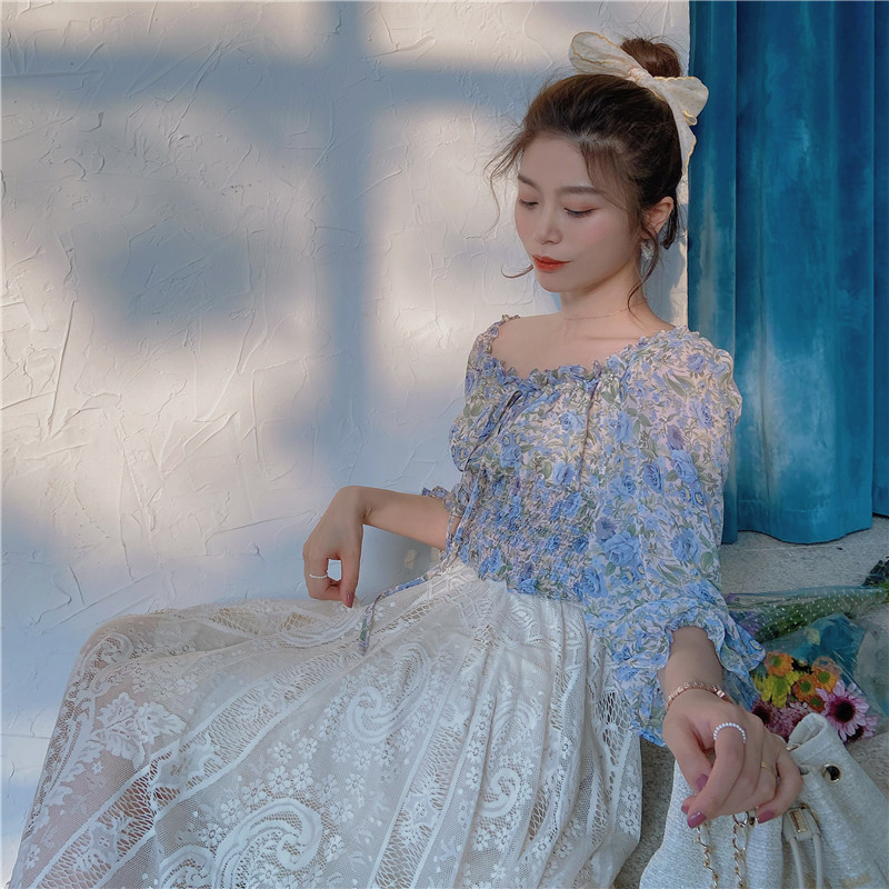 仙气夏季印花法式上衣蓝莓之夜韩版小清新甜美碎花雪纺衫长袖女