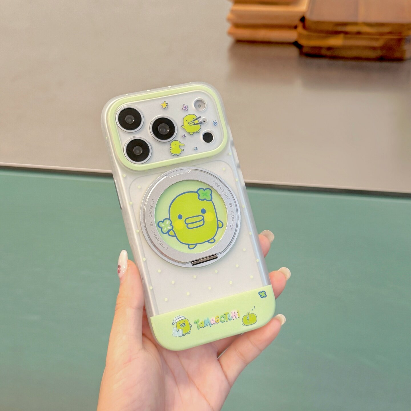 ins透明绿色鸭子支点壳适用苹果17Promax手机壳iPhone16/15Pro磁吸360旋转折叠支架保护套Mate8