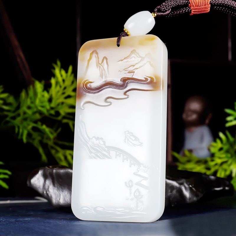 省级玉雕大师张亚龙 和田玉 糖羊脂白玉江山如画 玉牌 挂件95克