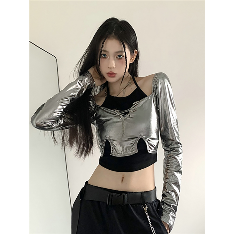 辣妹jazz跳舞kpop爵士舞上衣银色套装舞台演出服装女团风练功服潮