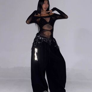 辣妹跳爵士舞网格烫钻性感亮闪闪长袖jazz上衣女团风舞台演出服装