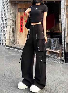 高个子美式多口袋工装裤女春秋直筒裤高腰飘带拖地休闲西装裤裤子