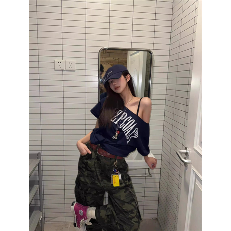 辣妹跳jazz爵士舞上衣斜露肩短袖t恤宽松慵懒风女团风练功演出服