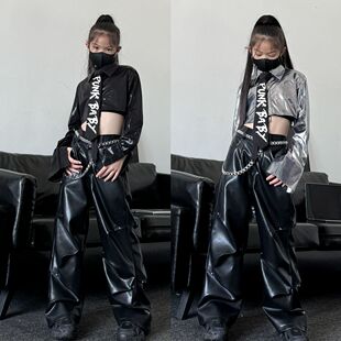 跳爵士舞服装女童露脐衬衫皮长裤少儿欧美风女团jazz表演出服套装