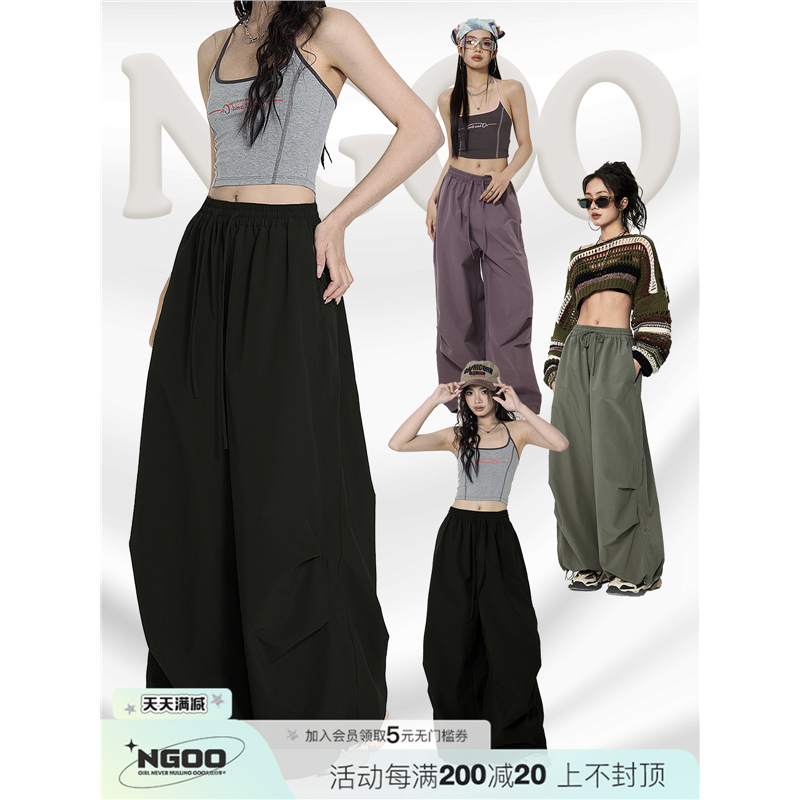 NGOO 美式复古黑色工装裤直筒阔腿裤春夏新款运动休闲伞兵裤女 - 实物图