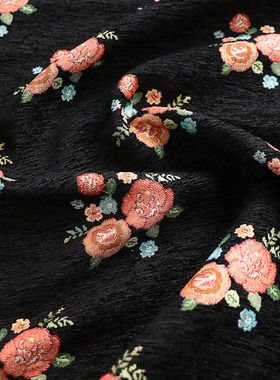 重工色织提花面料树皮皱纹理黑色小碎花刺绣复古连衣裙箱包面料