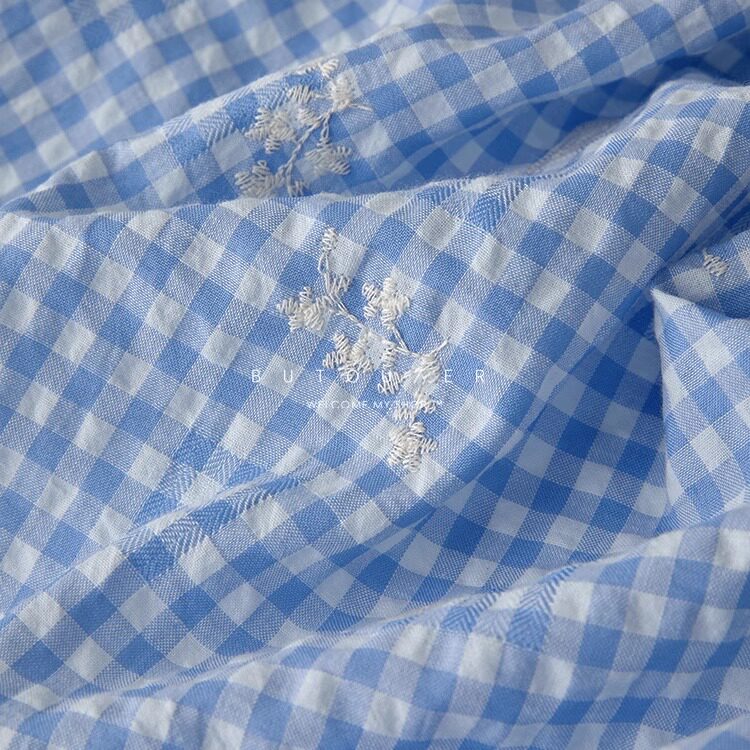 ins春夏蓝色格子刺绣涤棉布料连衣裙衬衫童装服装diy大肠发圈面料