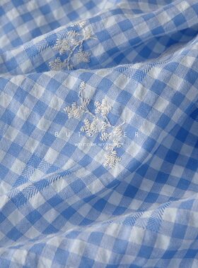 ins春夏蓝色格子刺绣涤棉布料连衣裙衬衫童装服装diy大肠发圈面料