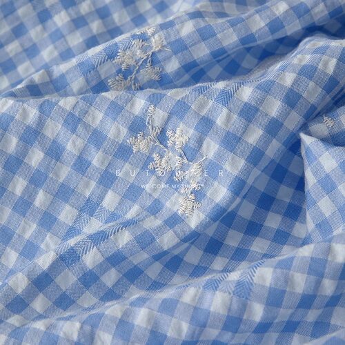 ins春夏蓝色格子刺绣涤棉布料连衣裙衬衫童装服装diy大肠发圈面料