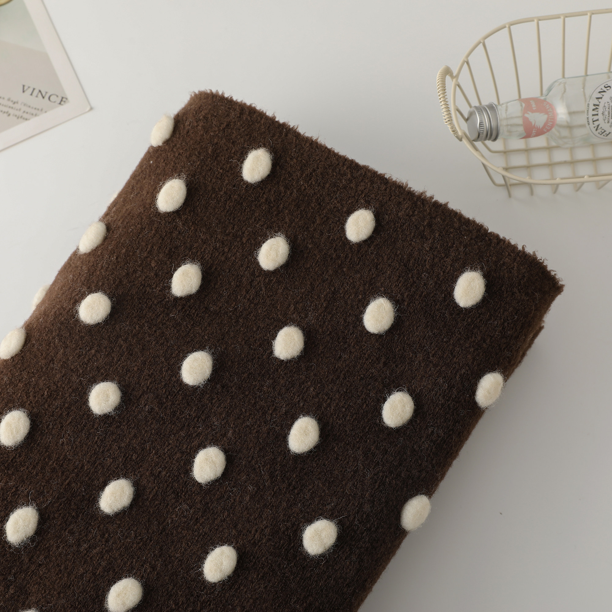 ins韩风咖啡色立体波点提花秋冬马甲外套棉袄diy手工针织毛呢面料