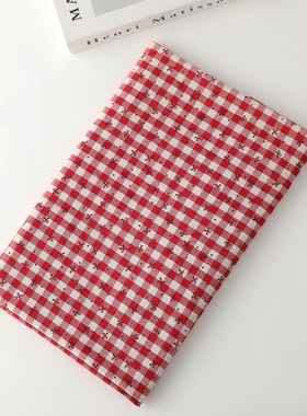 ins日韩风涤棉色织格子布料红色蝴蝶结印花服装发圈面料手工DIY