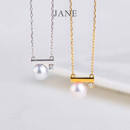 Jane简珠 天然Akoya海水珍珠18K金钻石平衡木项链吊坠女正圆极光