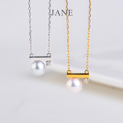 Jane简珠 天然Akoya海水珍珠18K金钻石平衡木项链吊坠女正圆极光
