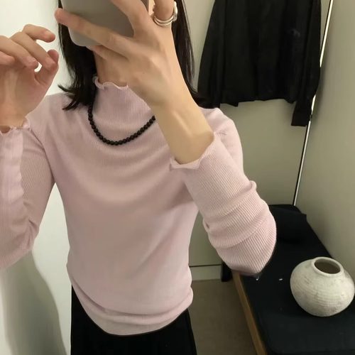 DH065110642 韩版25冬甜美木耳边高领修身显瘦纯色螺纹打底针织4