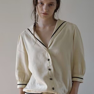 H150120967 韩版25冬减龄海军领宽松温柔百搭单排扣中长袖衬衫